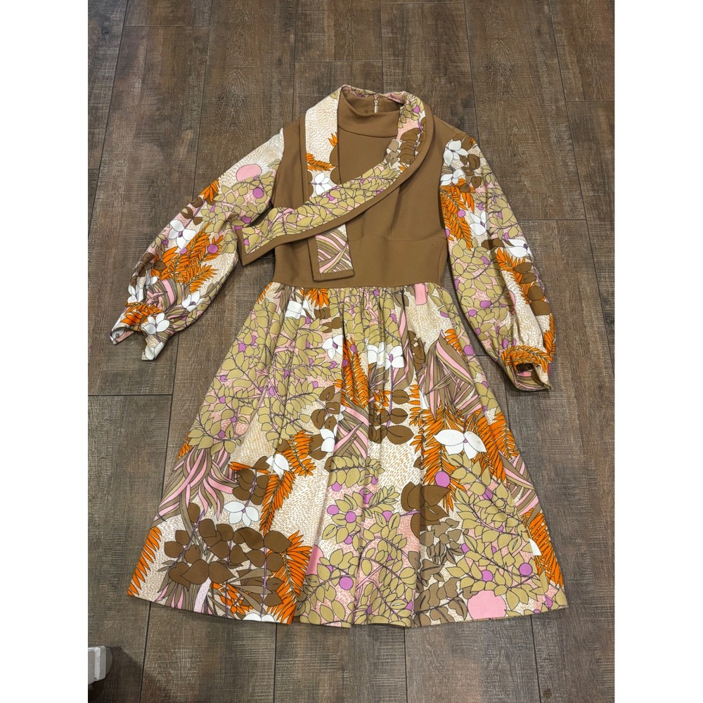 Vintage 60s 70s Mod Floral Mock Neck Dress Brown Psychedelic Bishop Sleeve Sash